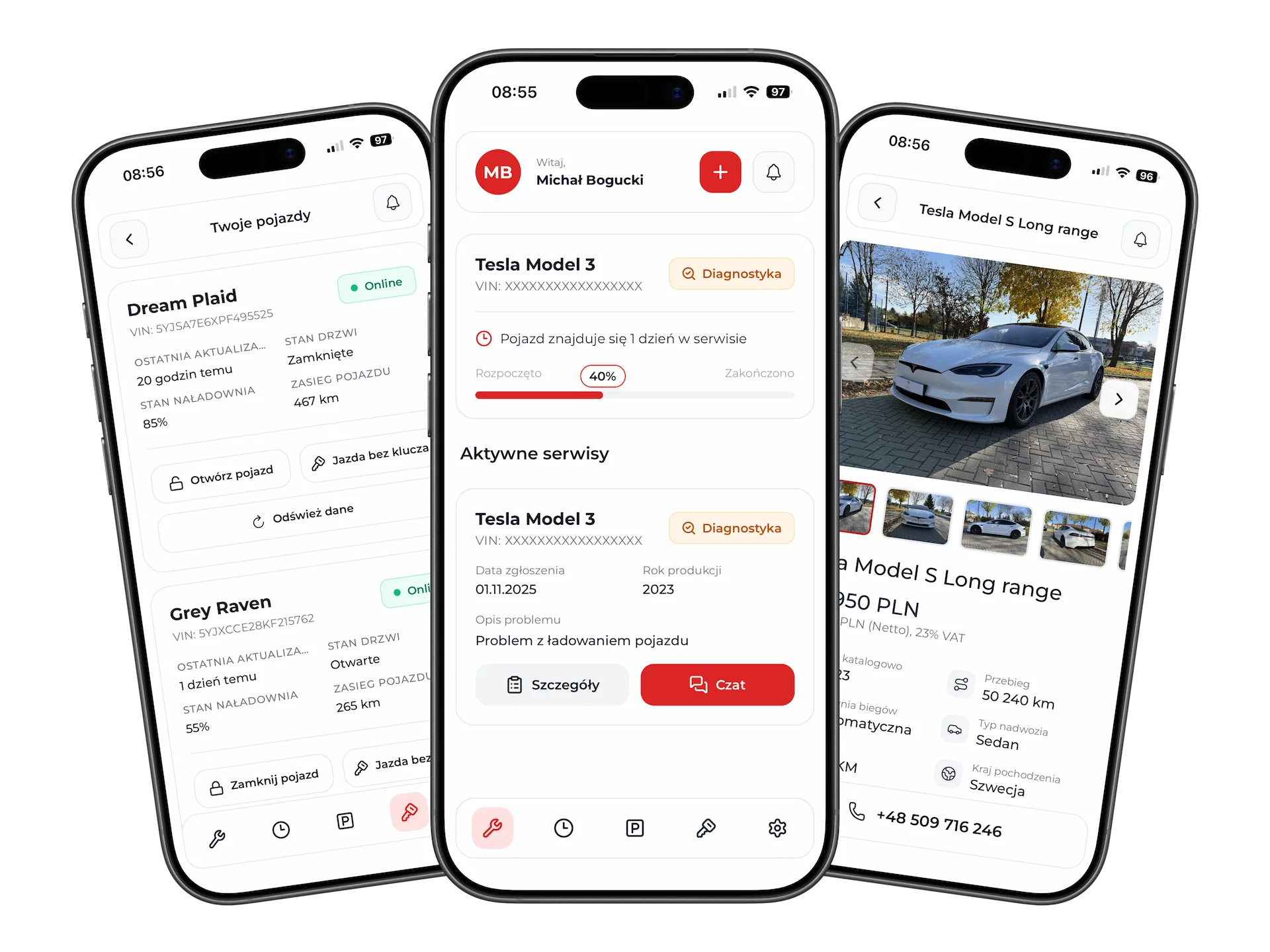 Widok aplikacji mobilnej PearlTesla